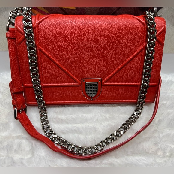 CHRISTIAN DIOR-01 BO 0156-Red Diorama Grained Calfskin Flap Bag - Picture 1 of 12